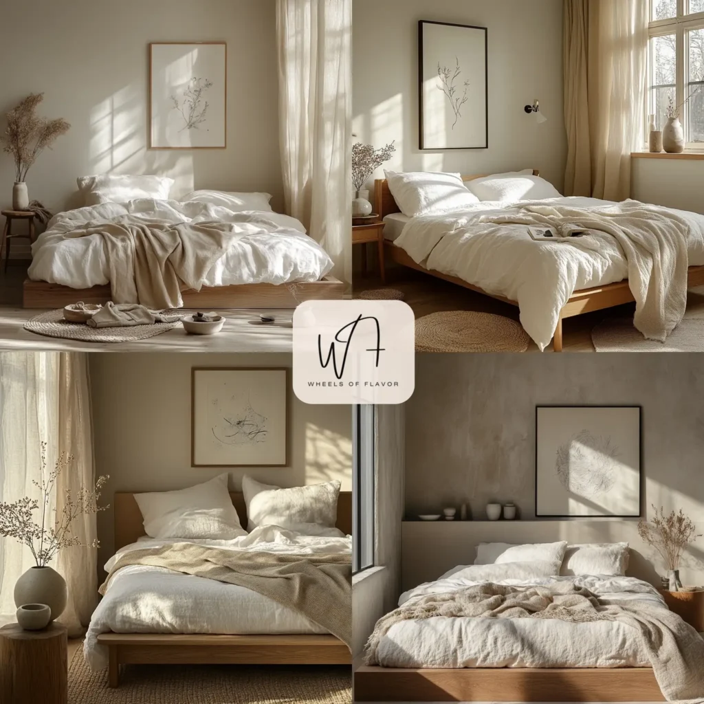 Minimalist Japandi bedroom design with wooden bed and neutral linens.