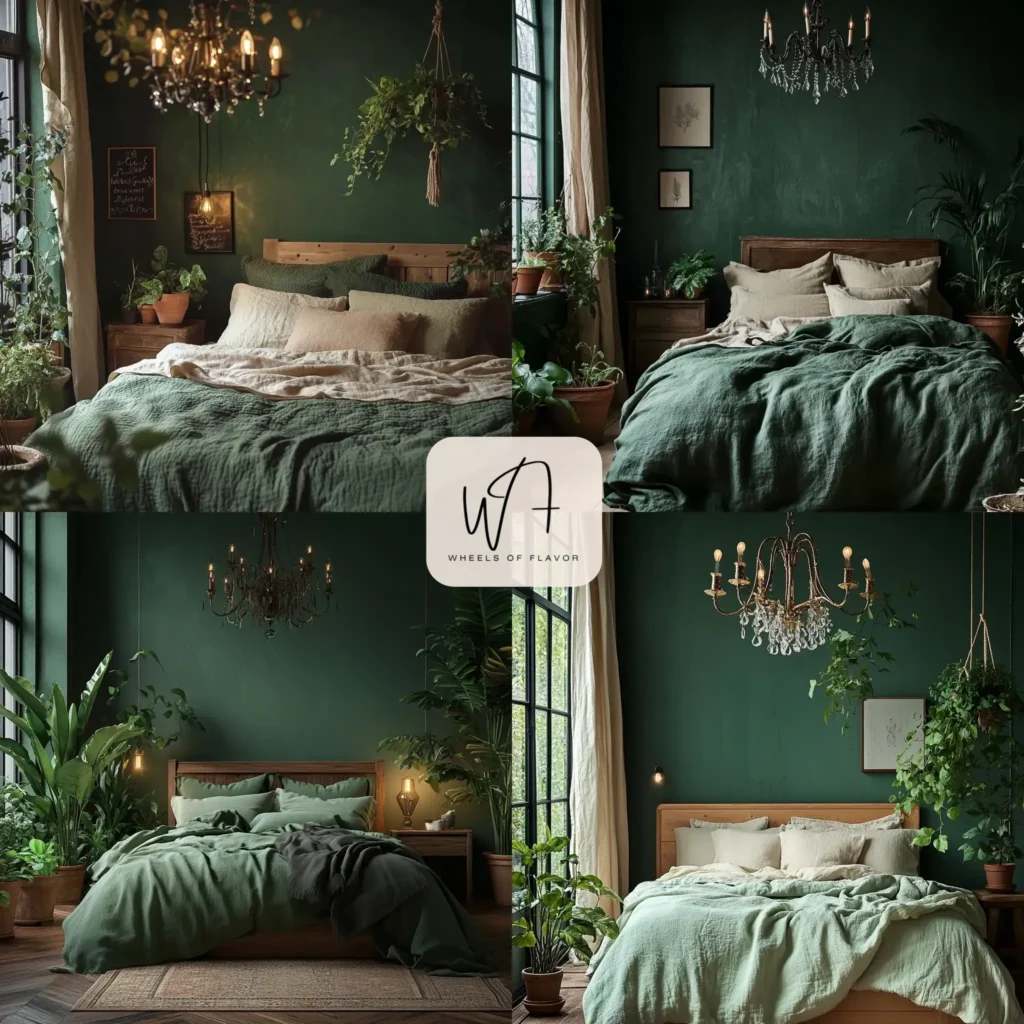 Moody green bedroom with calm ambiance and natural textures