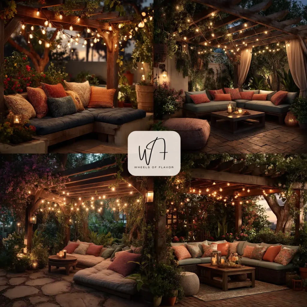 Cozy backyard decor setup with string lights and cushioned seating