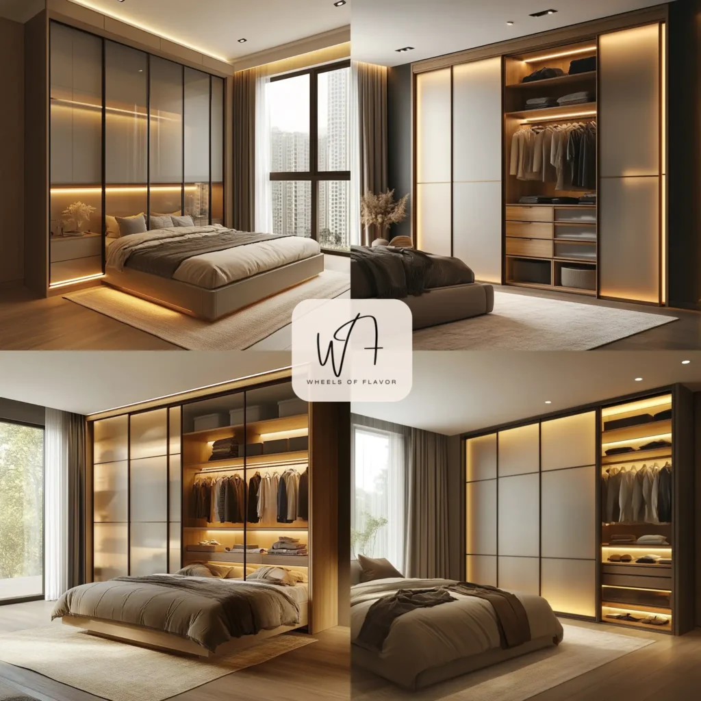 Modern built-in bedroom wardrobe design with frosted glass doors

