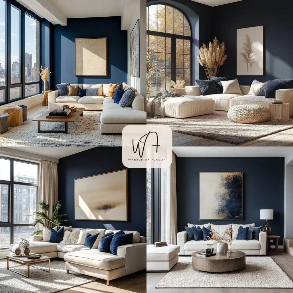 Bold navy accent wall in a modern living room, showcasing interior wall paint ideas