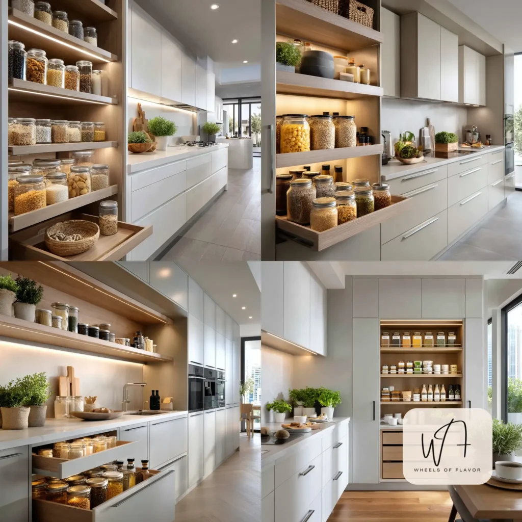 Modern kitchen pantry cupboard with pull-out shelves