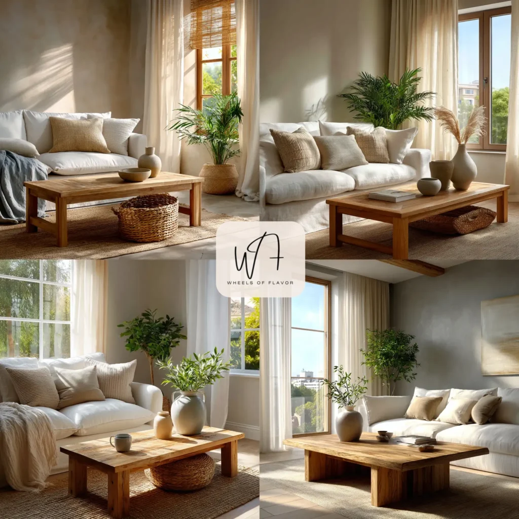 Japandi interior design living room with neutral tones and natural materials