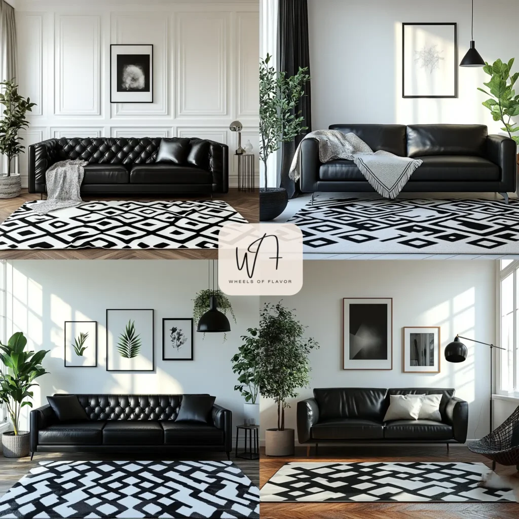 Cozy living room showcasing the black and white aesthetic with a geometric rug.