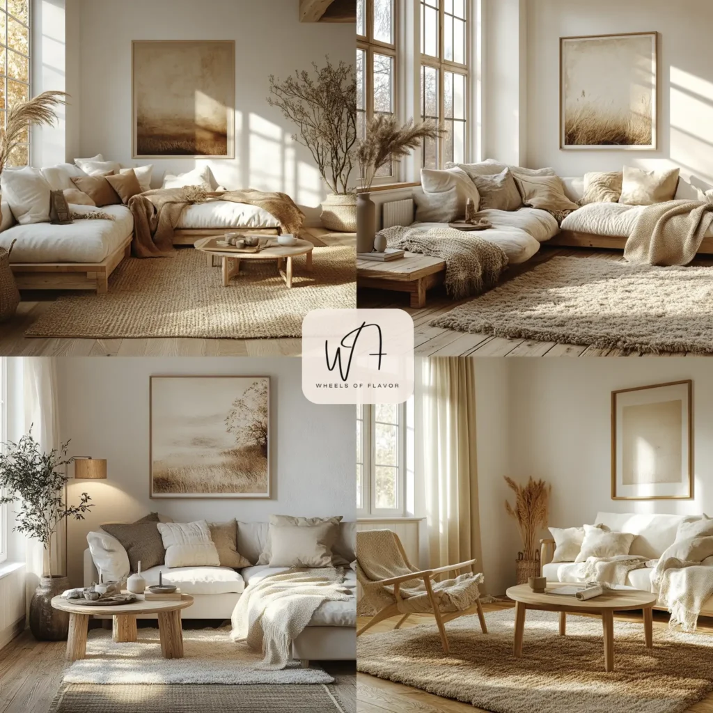 Cozy Scandinavian aesthetic living room with light wood and soft textures