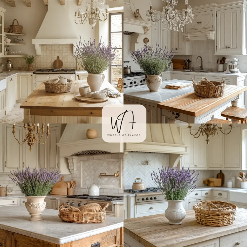 Cozy French Provincial kitchen with white cabinetry and marble countertops