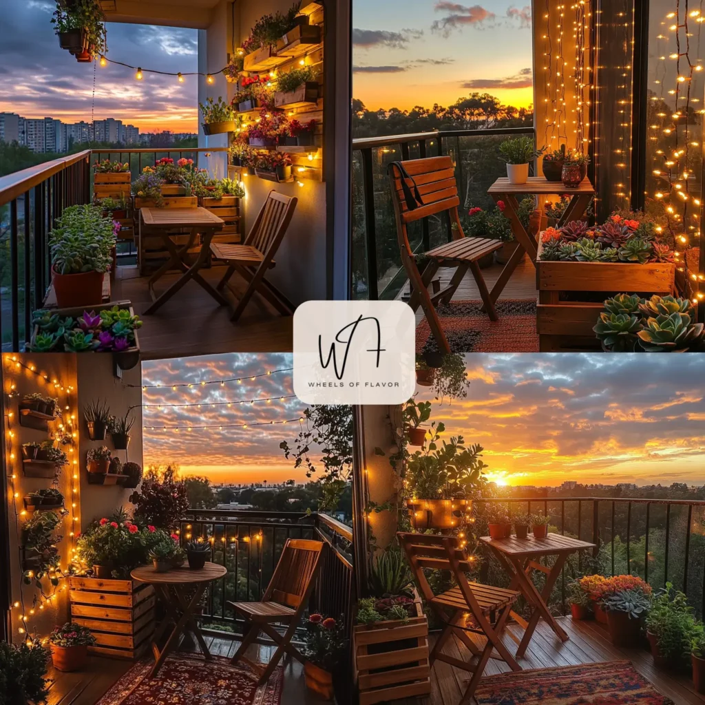 Cozy small balcony decor on a budget with DIY planters and string lights