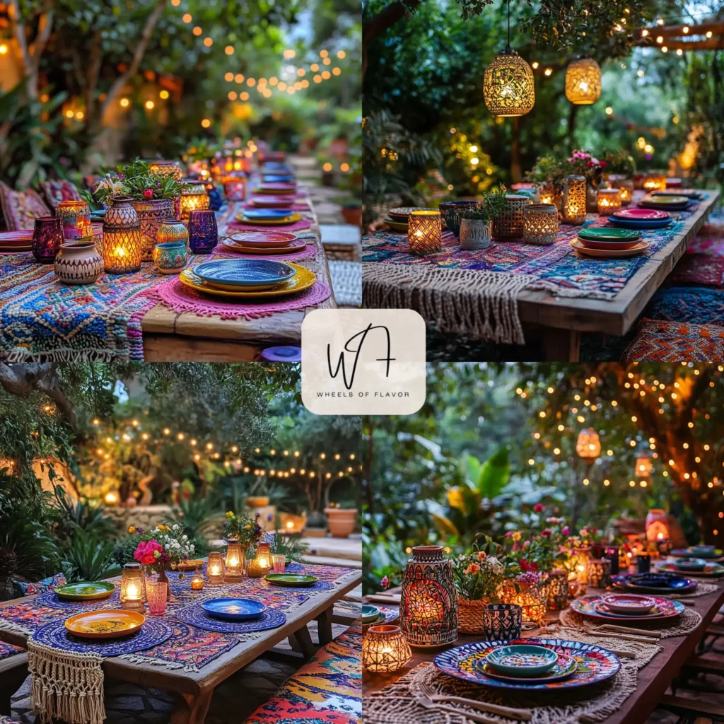 Bohemian outdoor dining table setup with vibrant colors