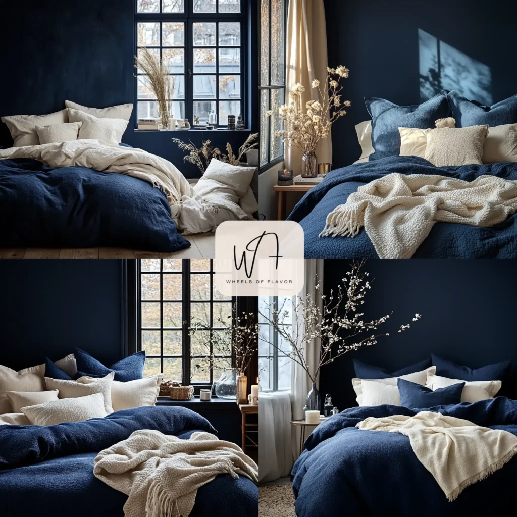 Cozy deep blue bedroom tranquility with plush bedding and soft textures