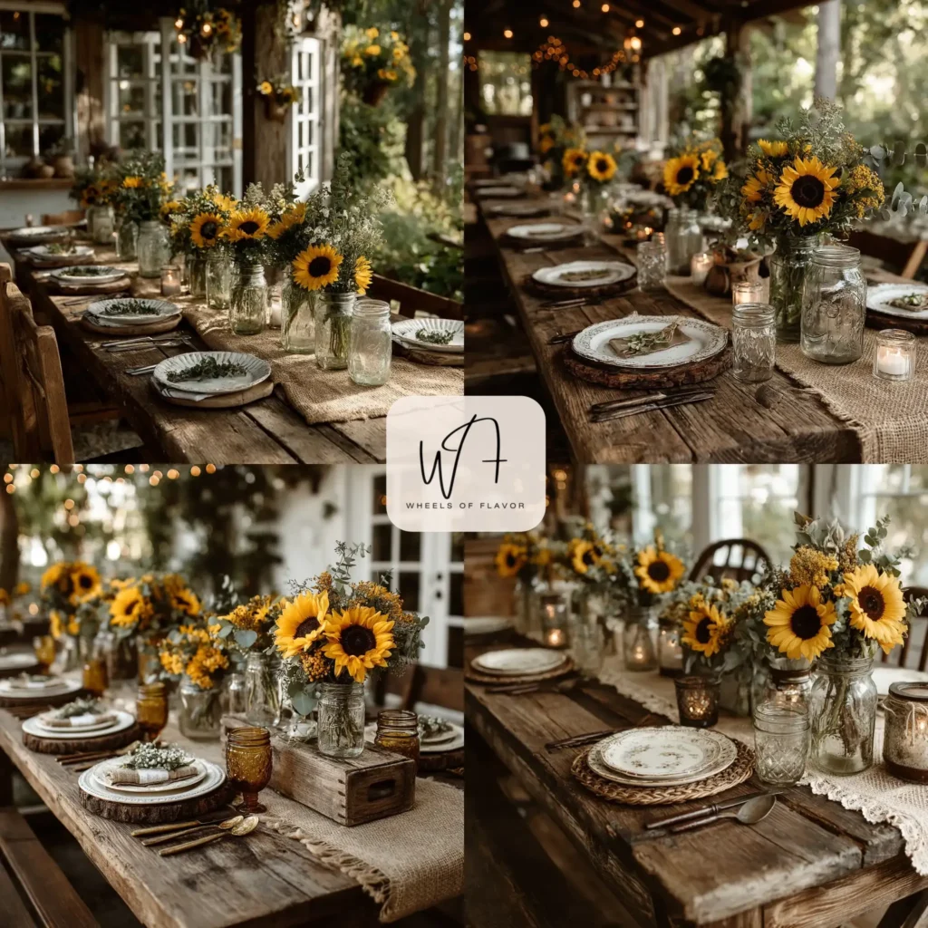 Farmhouse summer tablescape with mason jar floral centerpieces