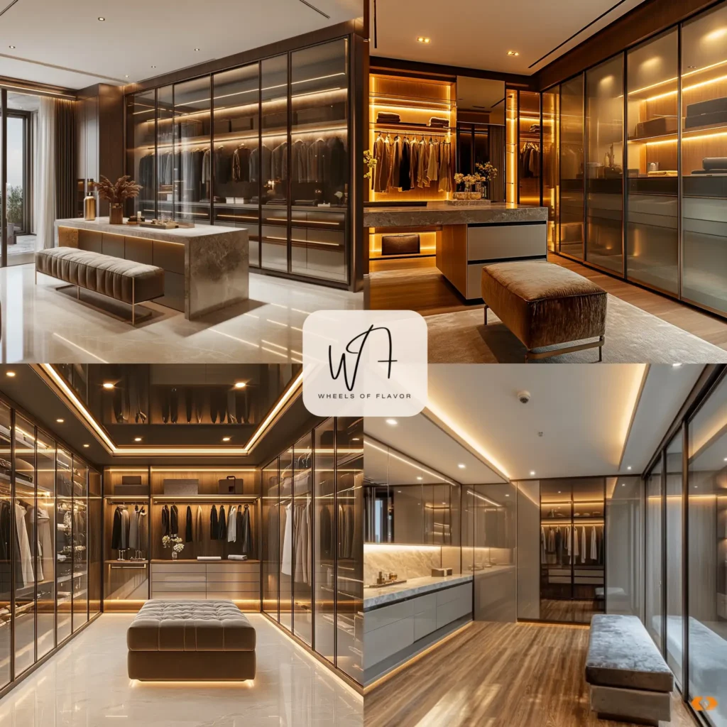 Luxe modern closet designs with glass cabinets and marble island