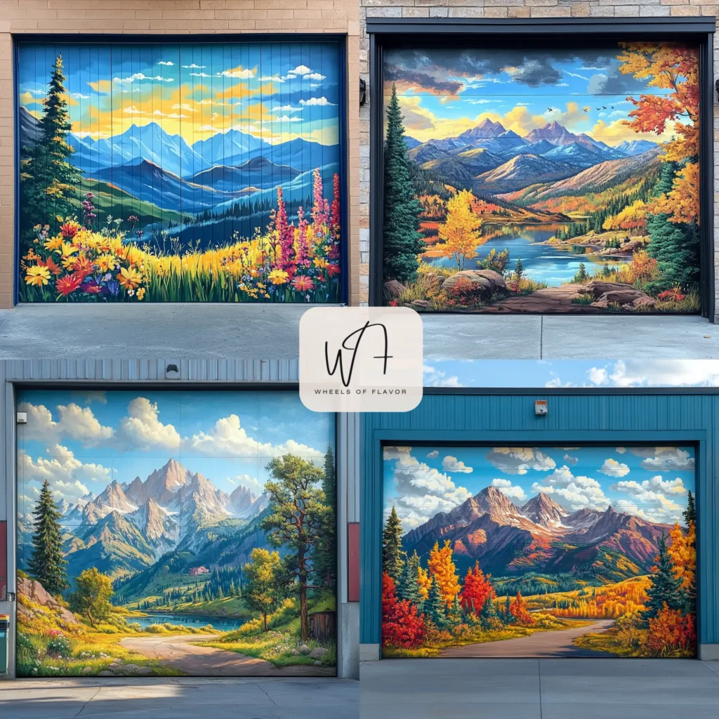 Door murals for garage with a scenic mountain design