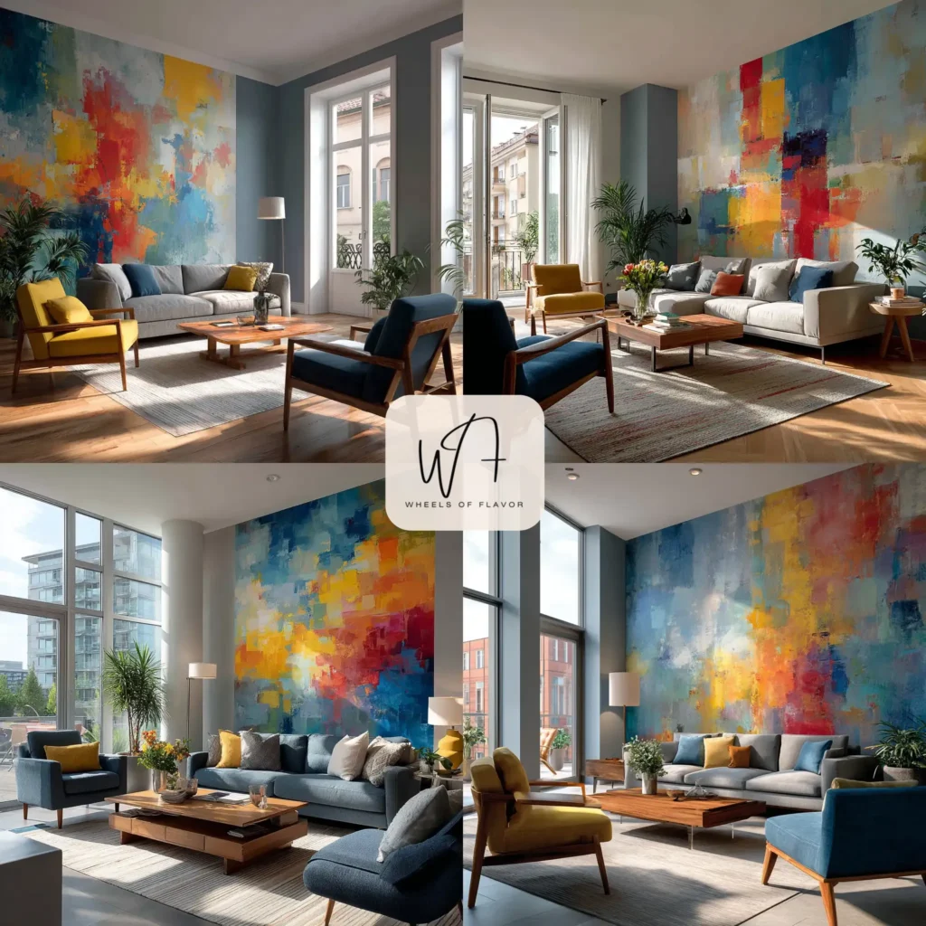 Colorful abstract mural in a modern living room
