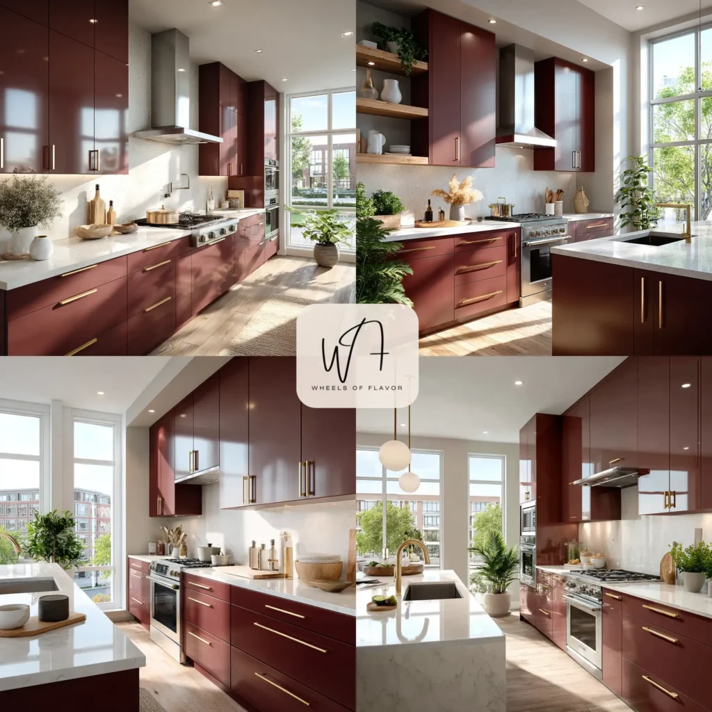 Modern burgundy kitchen cabinets with gold hardware