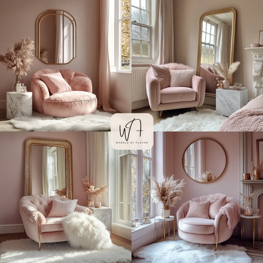 Cozy pink room aesthetic with blush walls and gold accents