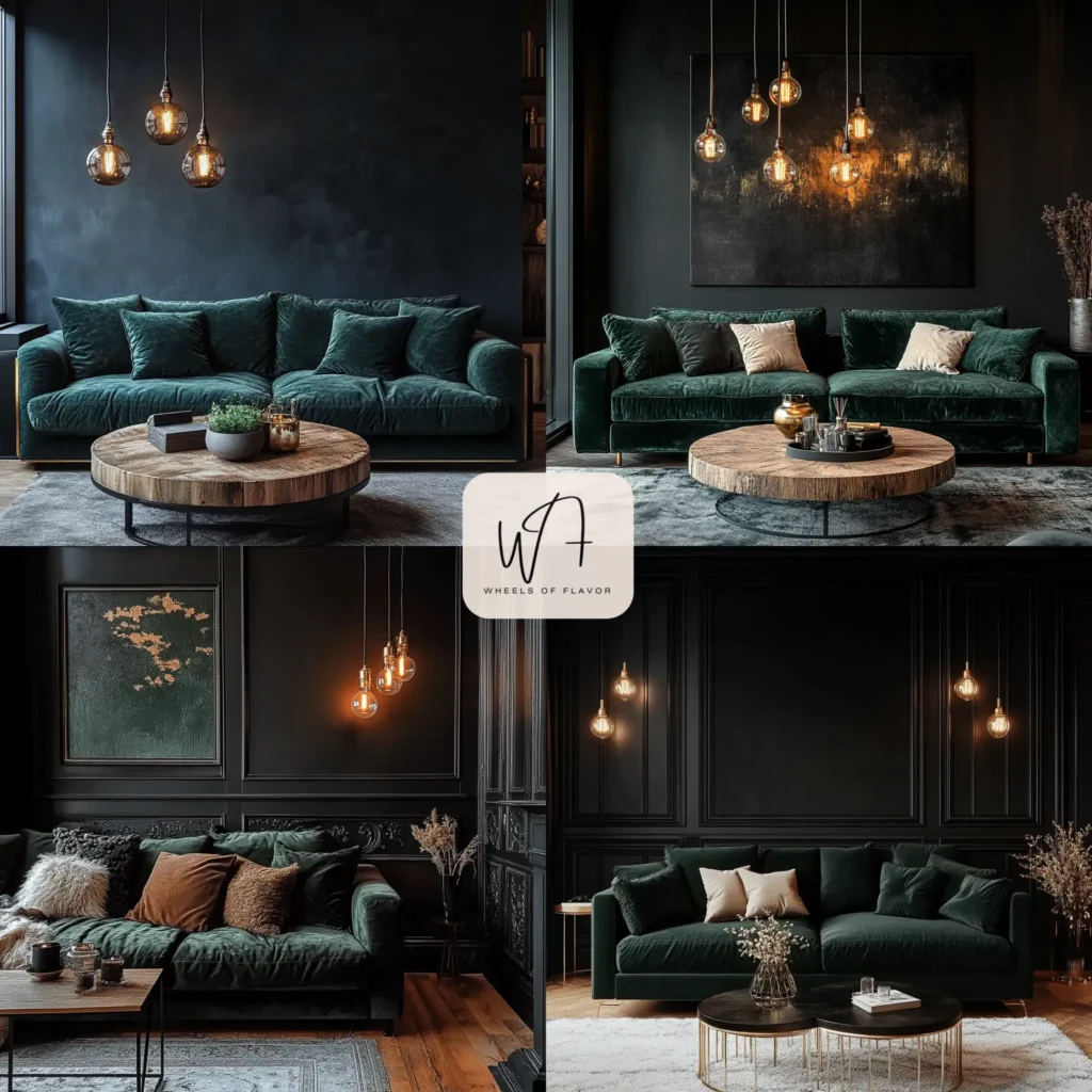 Cozy living room showcasing dark aesthetic decor with a black accent wall and velvet furniture.