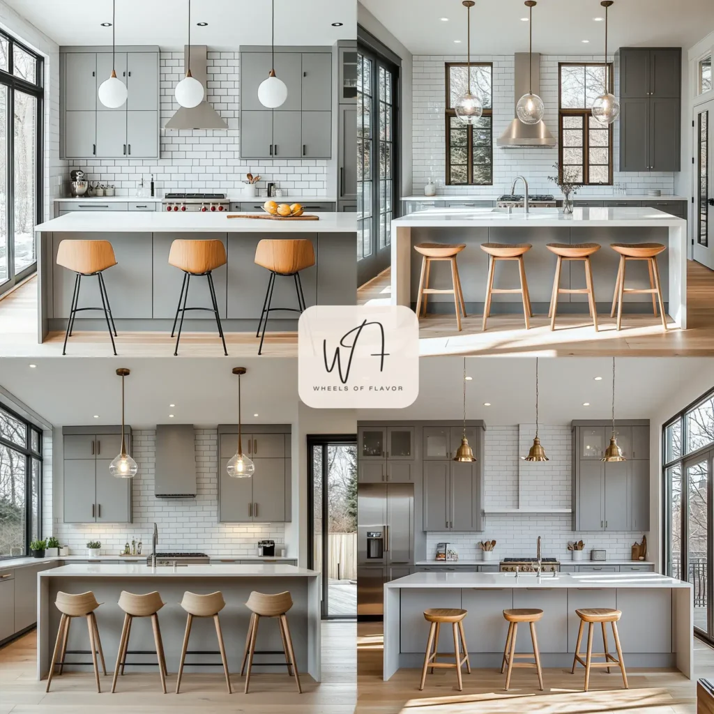 Grey-white kitchen elegance with grey cabinets, white countertops, and natural wood accents.