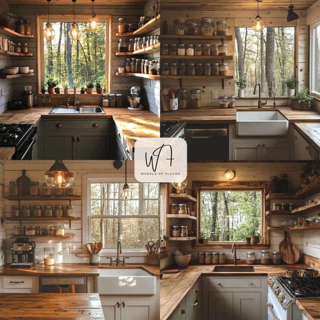 Cozy little cabin kitchen with rustic wooden elements and warm lighting