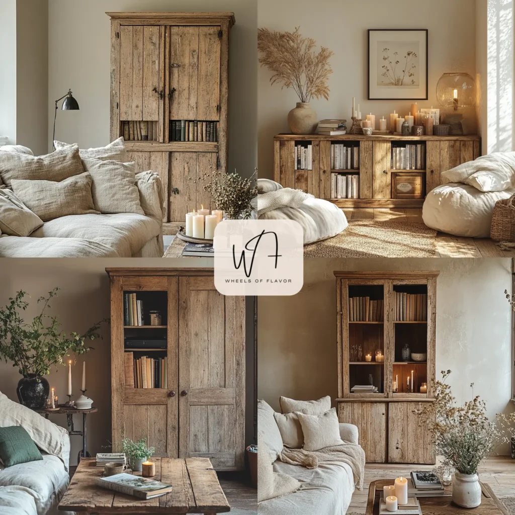 Rustic wooden cabinet in a cozy living room, showcasing wooden cabinet rusticity with vintage decor.