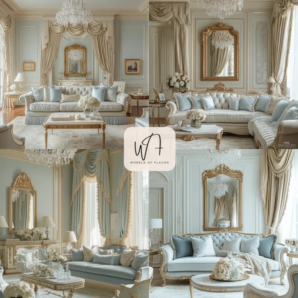 Elegant French interior design living room with velvet sofa and ornate details