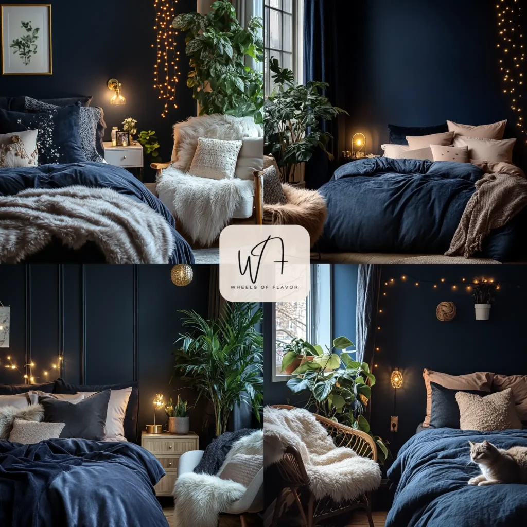 Romantic moody bedroom vibes with navy walls and plush bedding