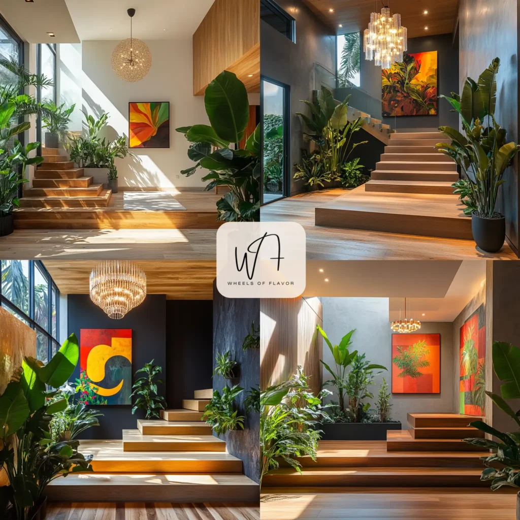Modern split level entryway with chandelier and plants