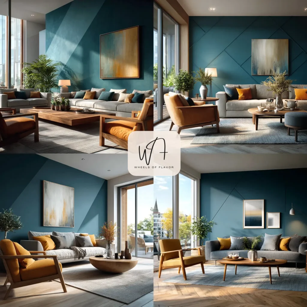 Bold triangular accent wall in a modern living room
