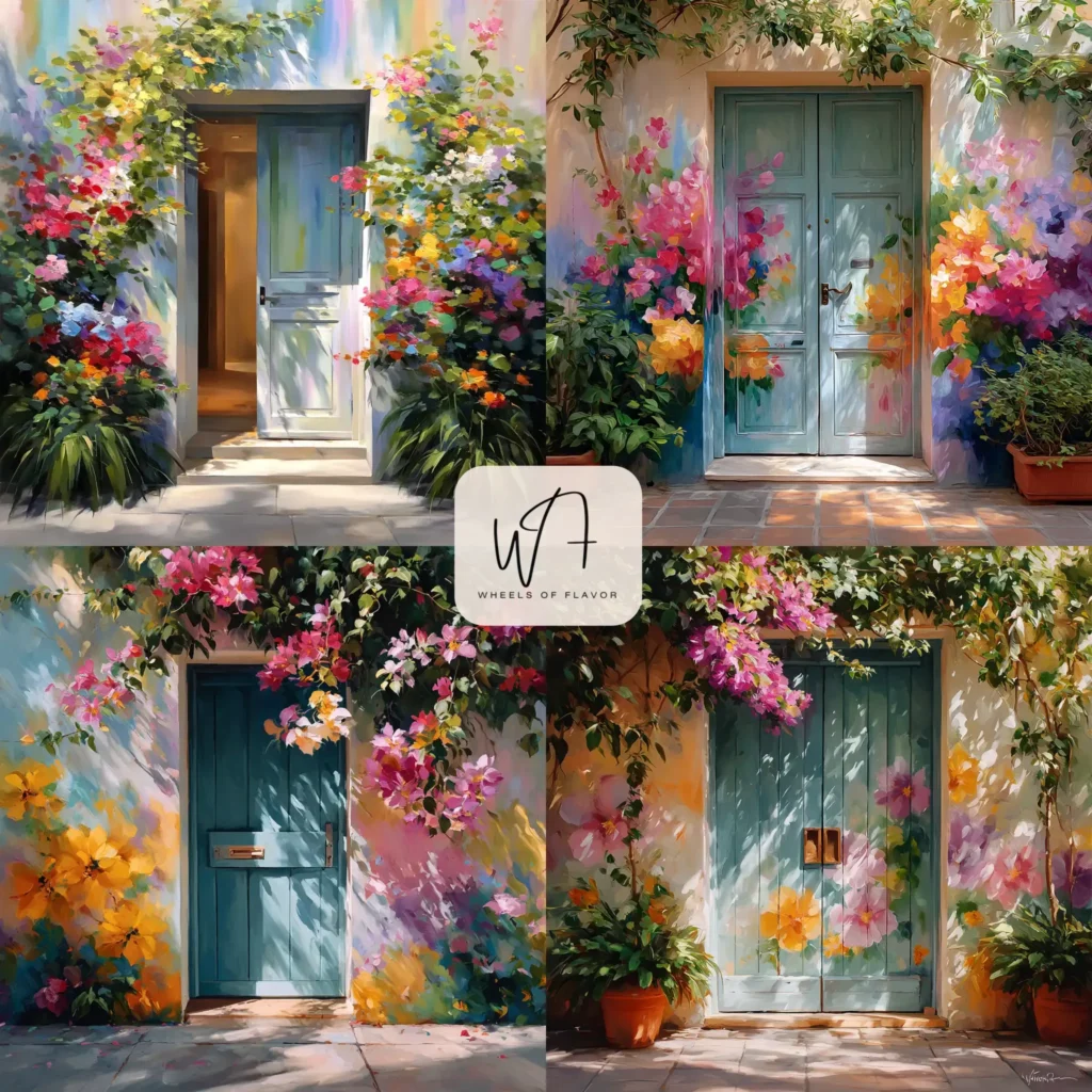 Painted door art with a floral mural design