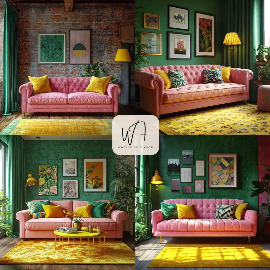 Quirky home decor flair in a vibrant living room with bold colors and eclectic patterns.