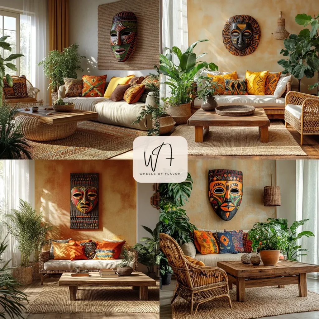 Afrohemian living room with vibrant textiles and cultural decor