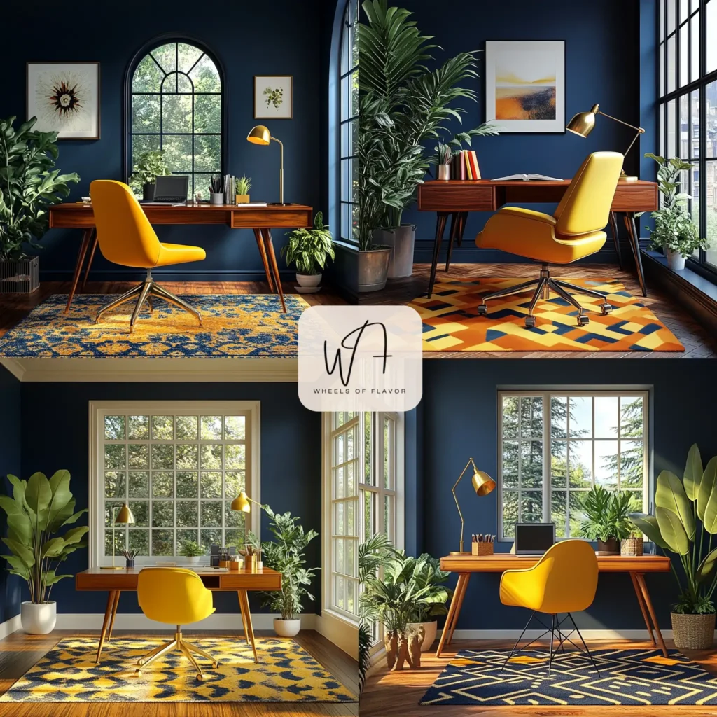 Mid-century office decor with teak desk and mustard chair