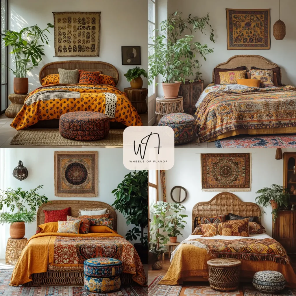 Eclectic Afrohemian bedroom with vibrant textiles and natural elements