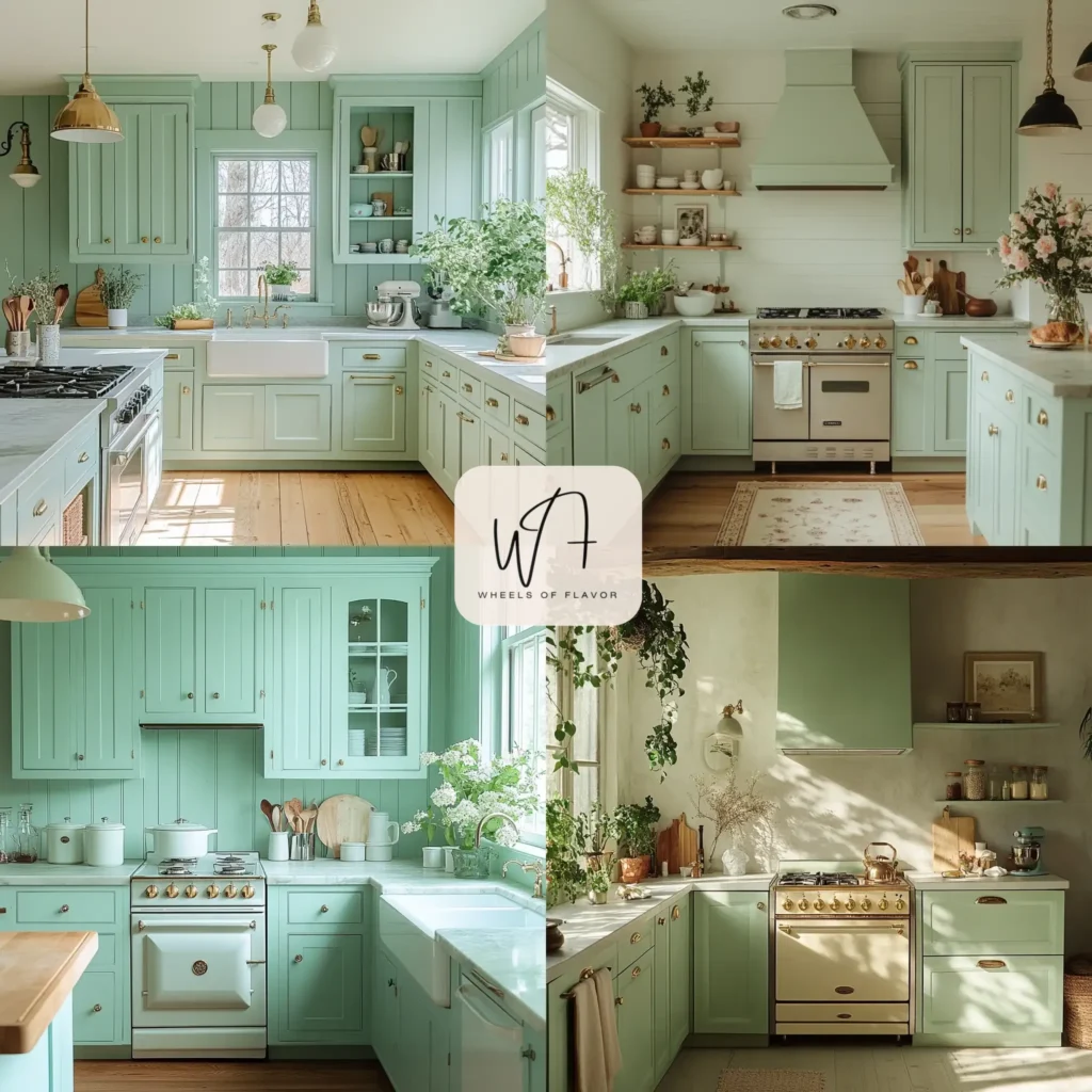 Mint green cabinets in a pastel kitchen decor setup for Spring 2025