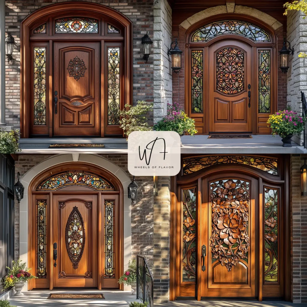 Luxury entry door in mahogany with carved details and stained glass