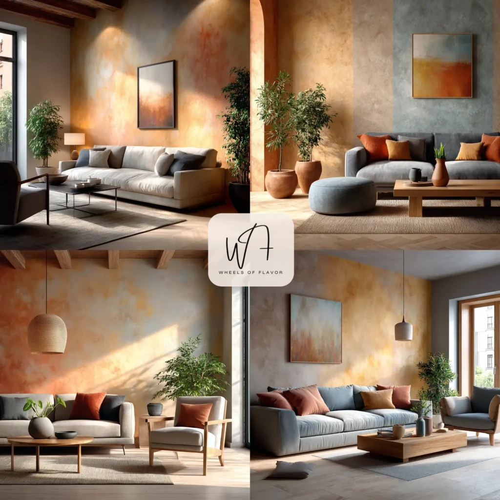 Cozy living room with textured decorative wall paint in earthy tones