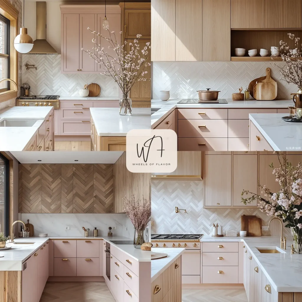Blush pink kitchen cabinets with gold hardware and marble countertops, showcasing chic pink kitchen decor ideas.