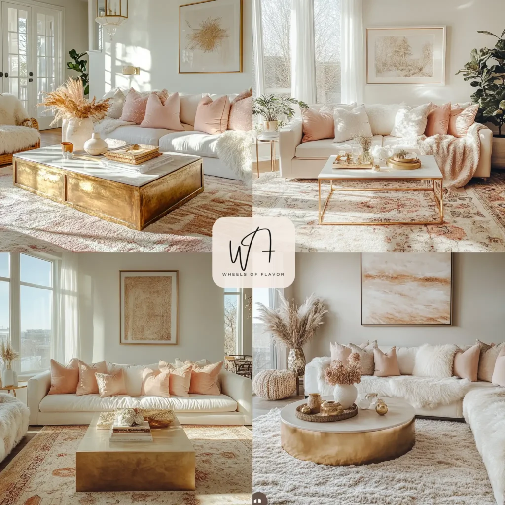 Pink room decor with gold accents in a cozy living room.