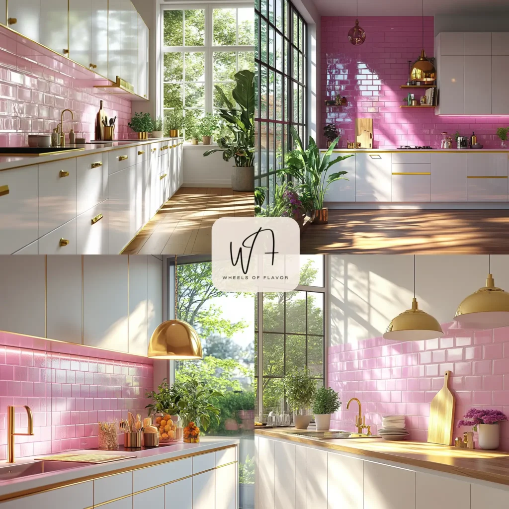 Playful pink kitchen accents in a glossy subway tile backsplash.