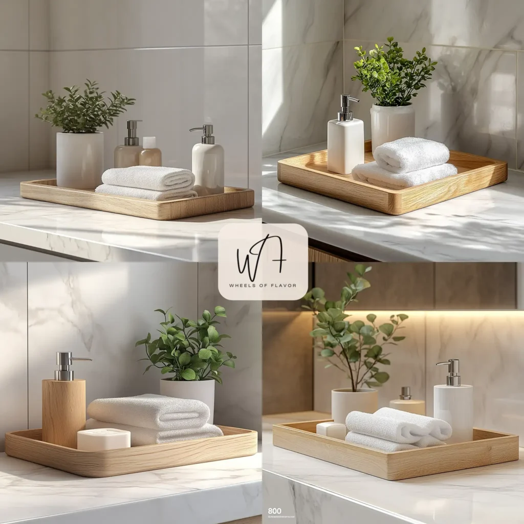 Minimalist wooden bathroom tray with soap dispenser and plant