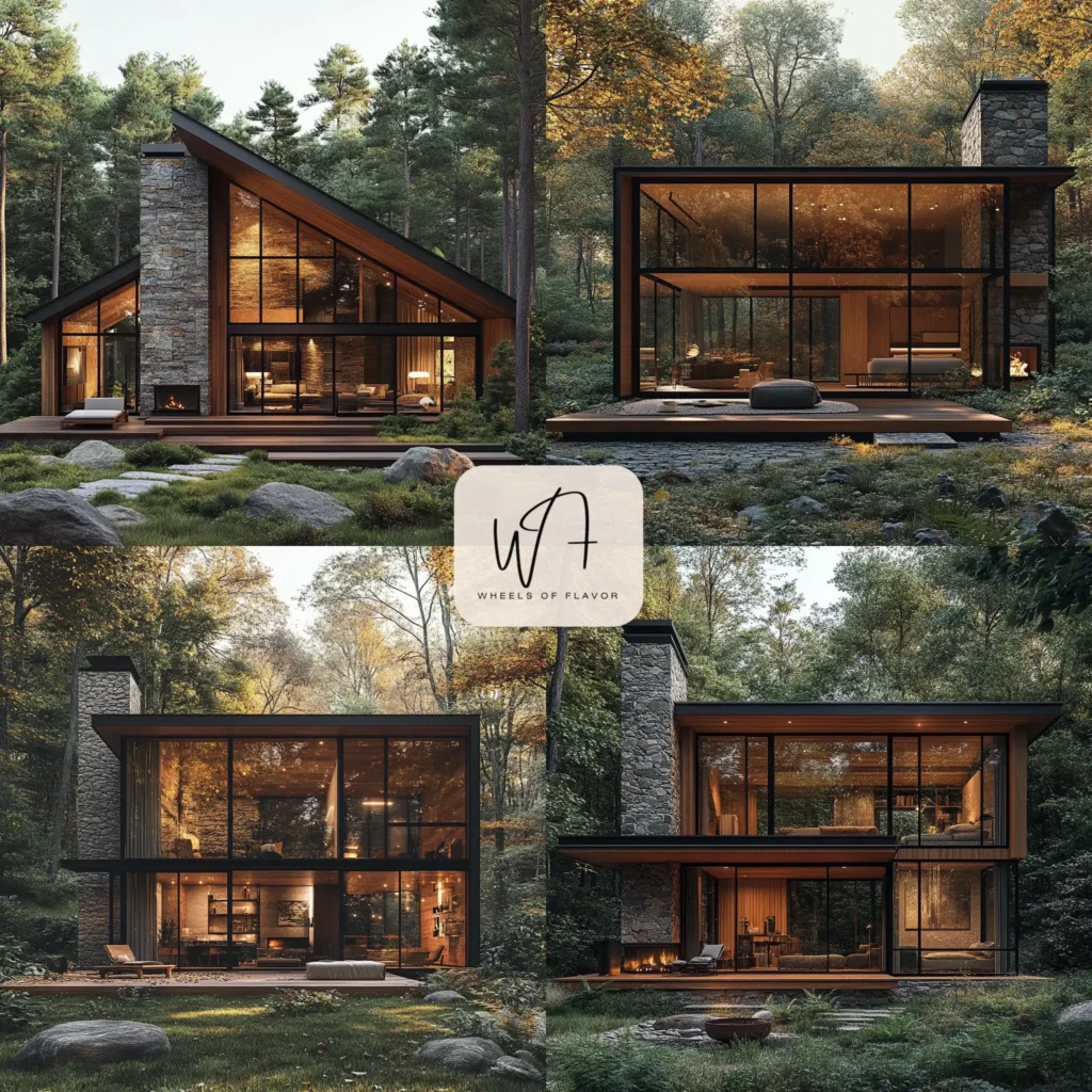 Modern cottage home with large windows and wooden exterior in a serene forest setting.