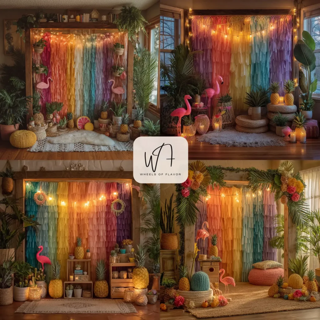 DIY photo booth for home events with colorful tissue paper backdrop