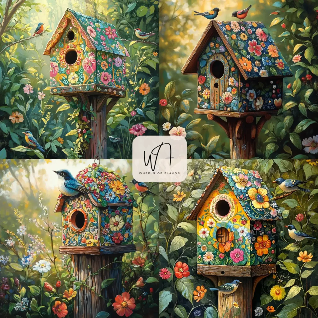 Colorful hand painted birdhouse in a lush garden
