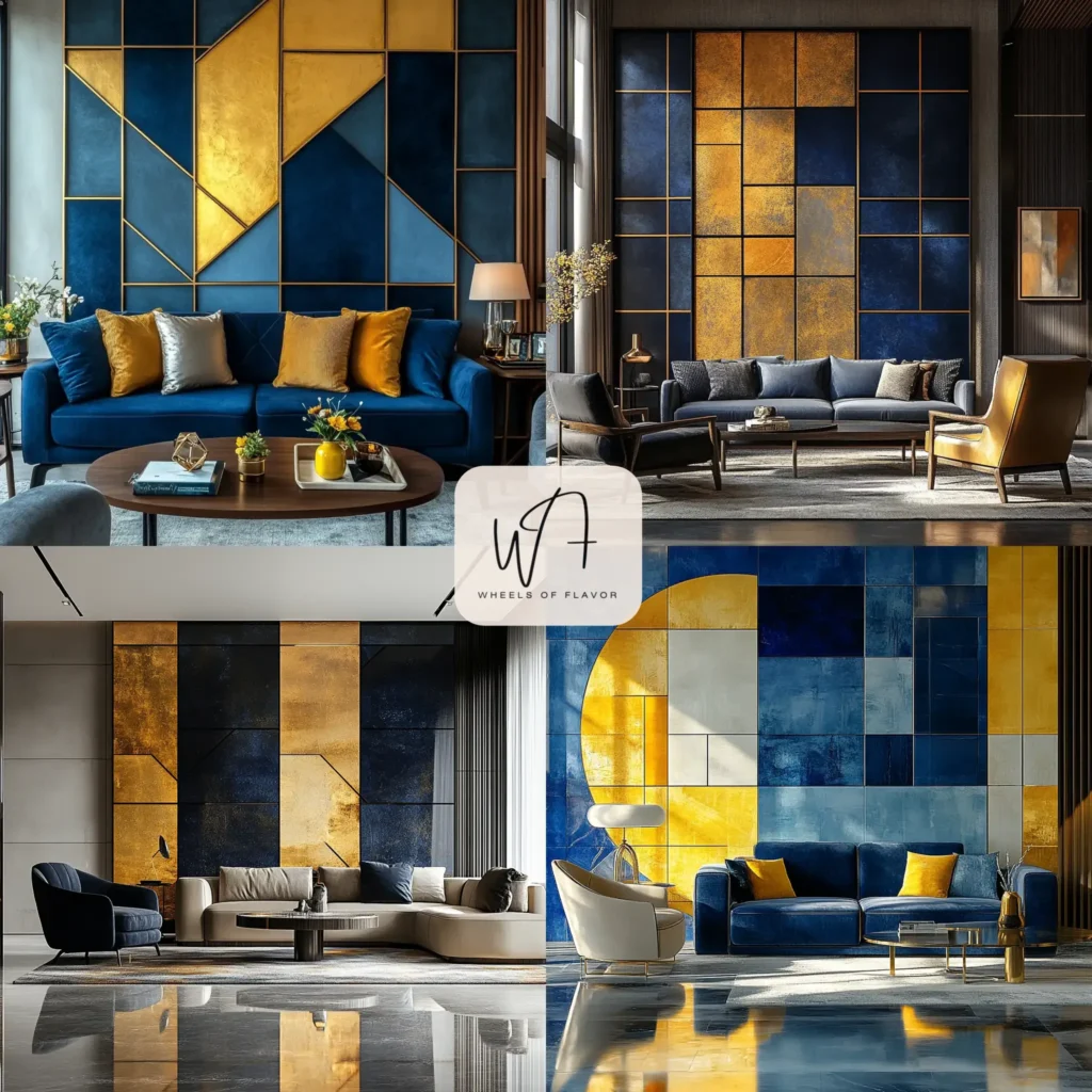 Hand painted wall patterns with geometric grids in a modern living room