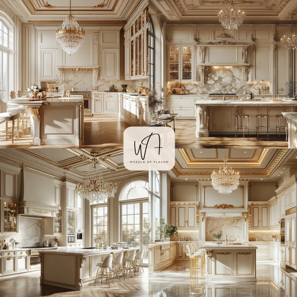 Neoclassical kitchen opulence with marble countertops and gold accents