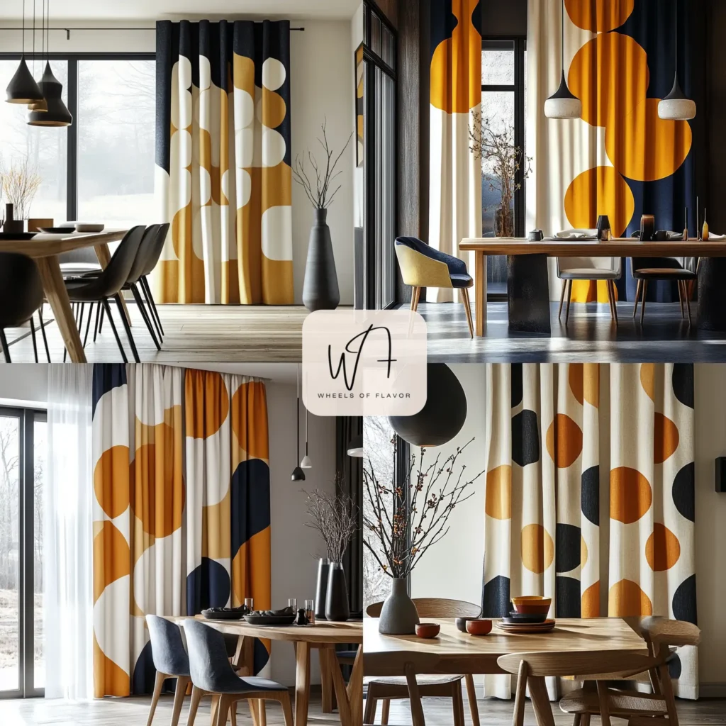 Bold geometric dining room curtain ideas in a modern setting.