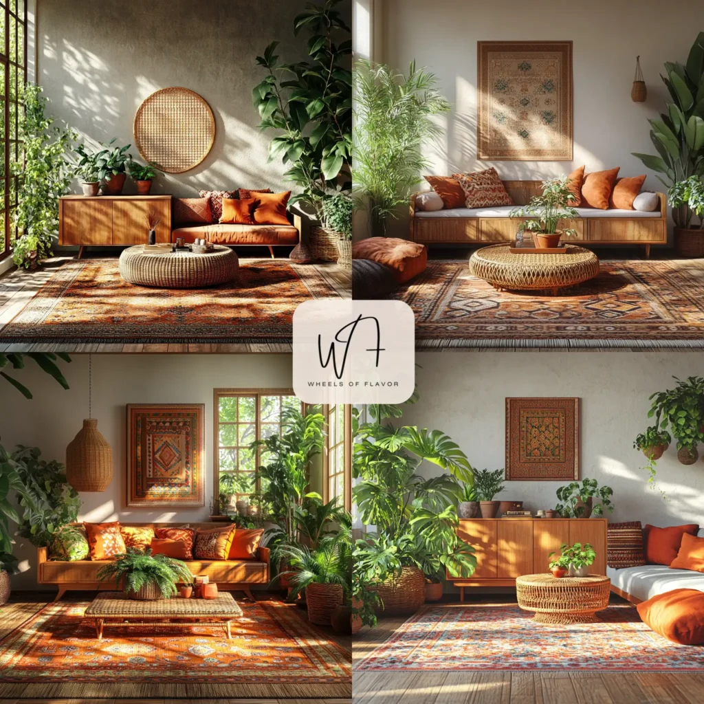 Boho mid century modern living room with earthy tones and global patterns
