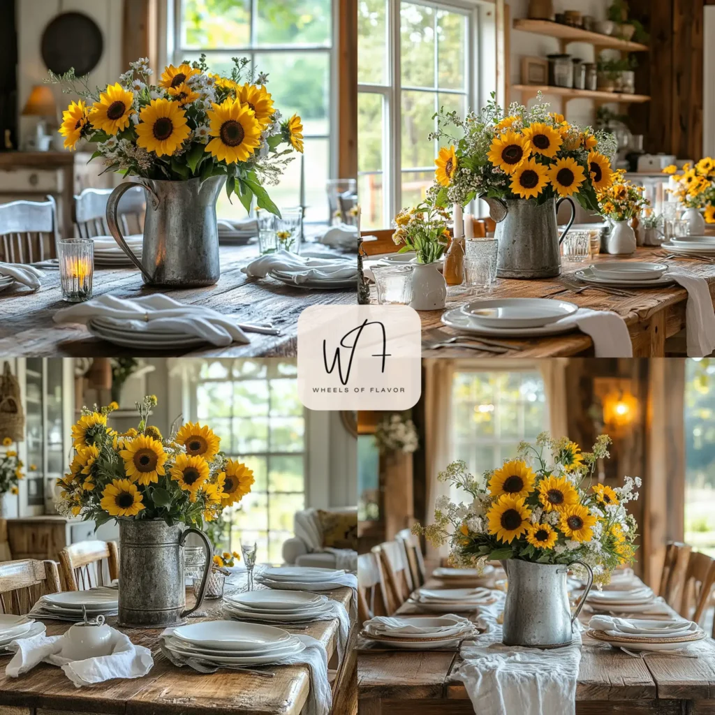 Farmhouse summer tablescape with vibrant floral centerpiece