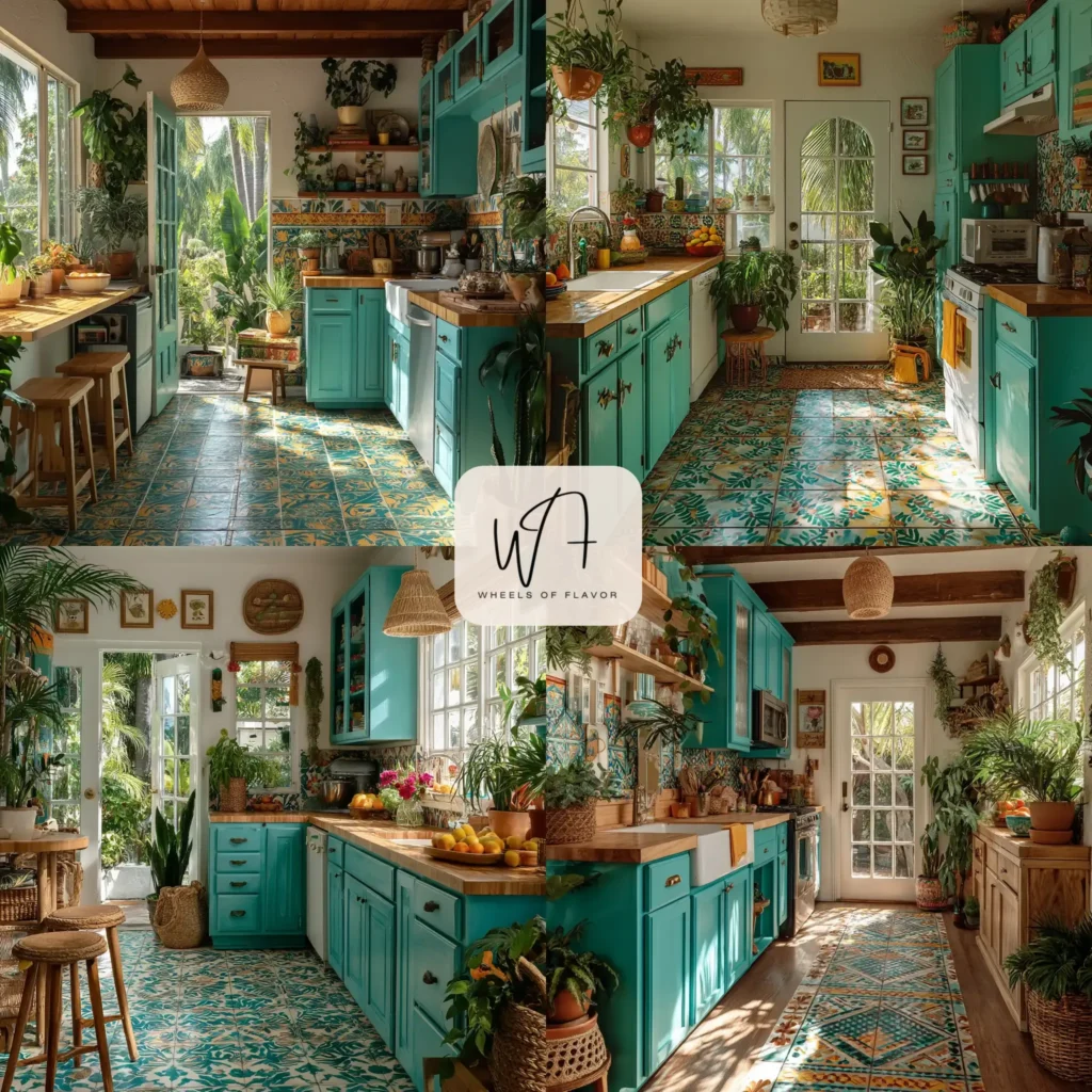 Tropical kitchen vibrancy with colorful cabinets and lush decor