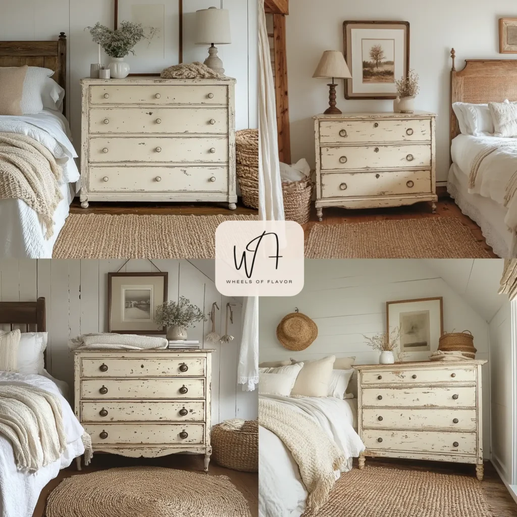Distressed painted dressers vintage in a farmhouse bedroom