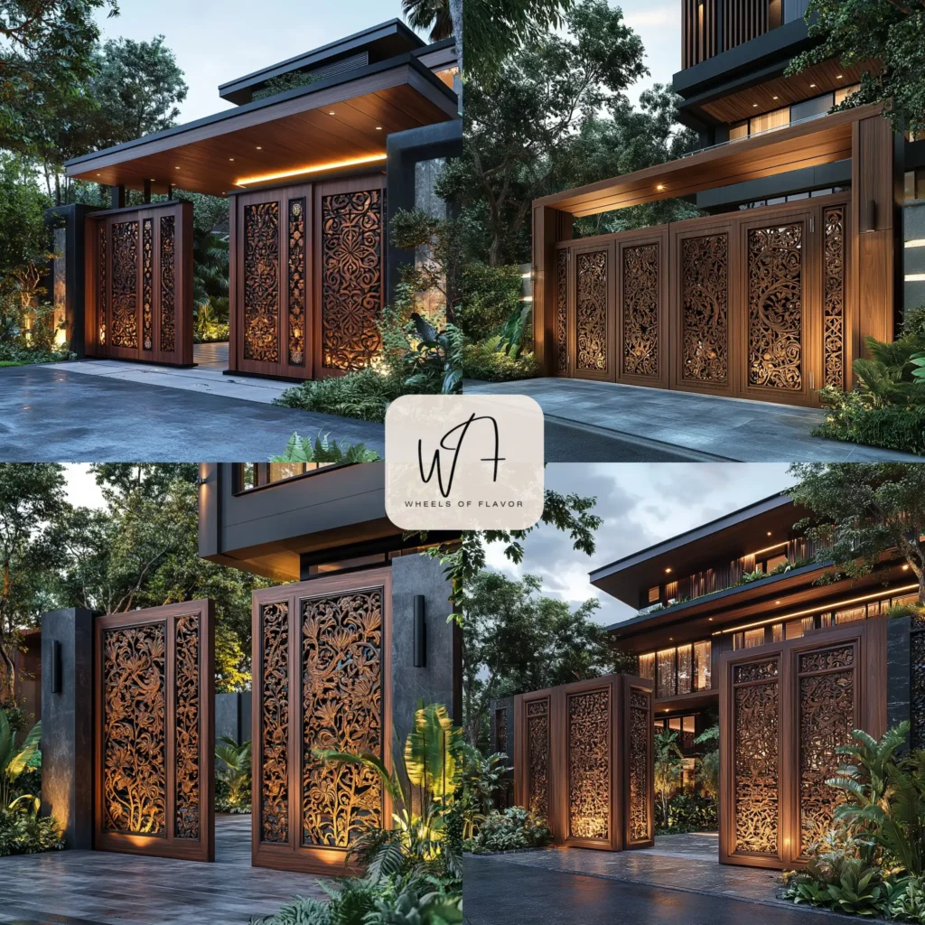 Modern Gate Wood Design with carved walnut double gate